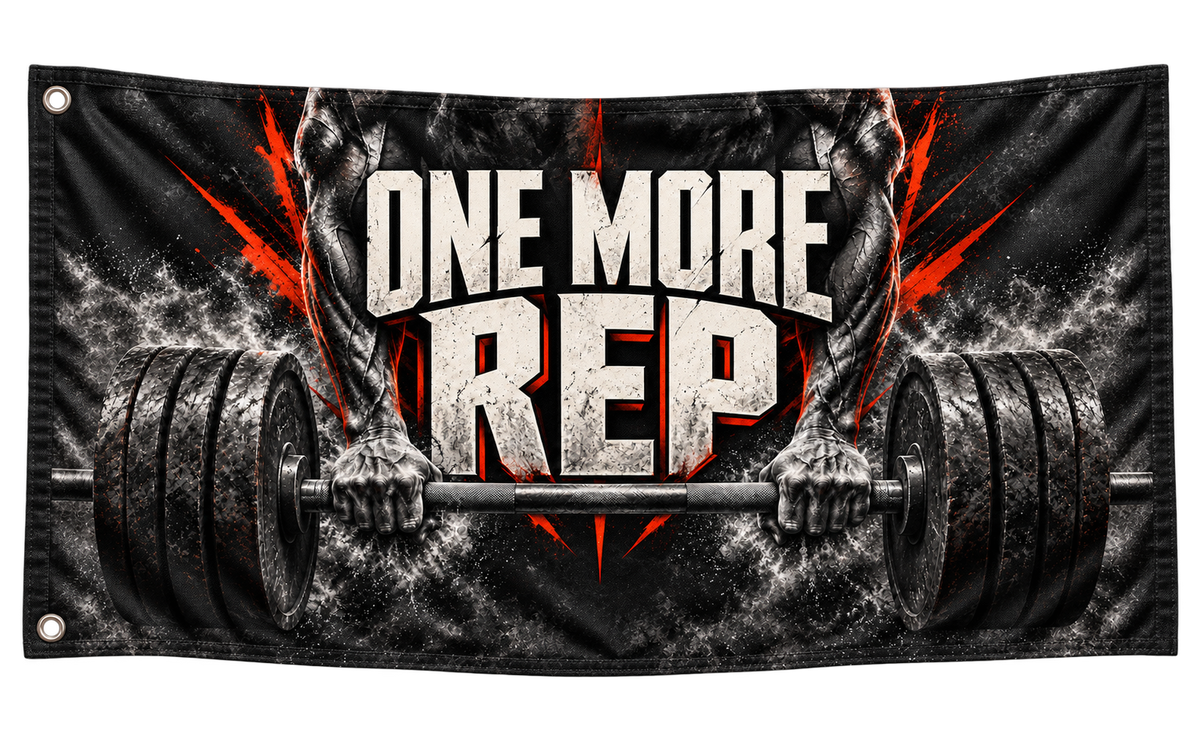 One More Rep Banner, isolated on a transparent background, with two grommets along the left short edge.