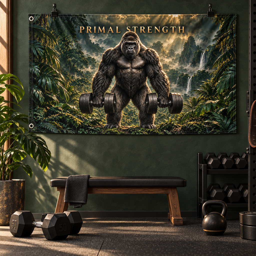 Primal Strength Banner in a styled gym; illustrative mockup with two grommets along the left short edge. Display clips and props not included.