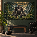 Primal Strength Banner in a styled gym; illustrative mockup with two grommets along the left short edge. Display clips and props not included.