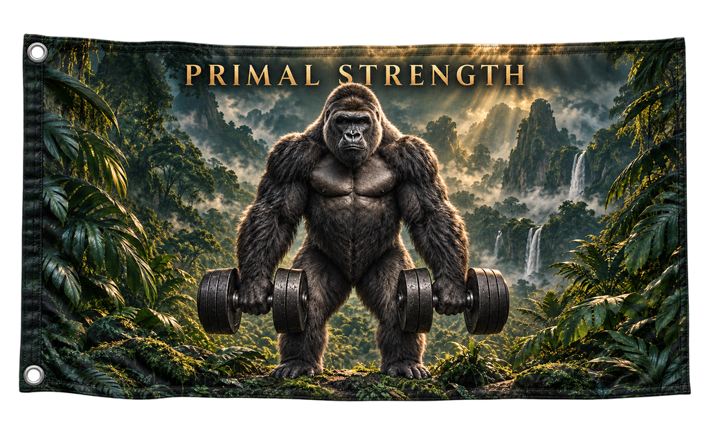 Primal Strength Banner, isolated on a transparent background, with two grommets along the left short edge.