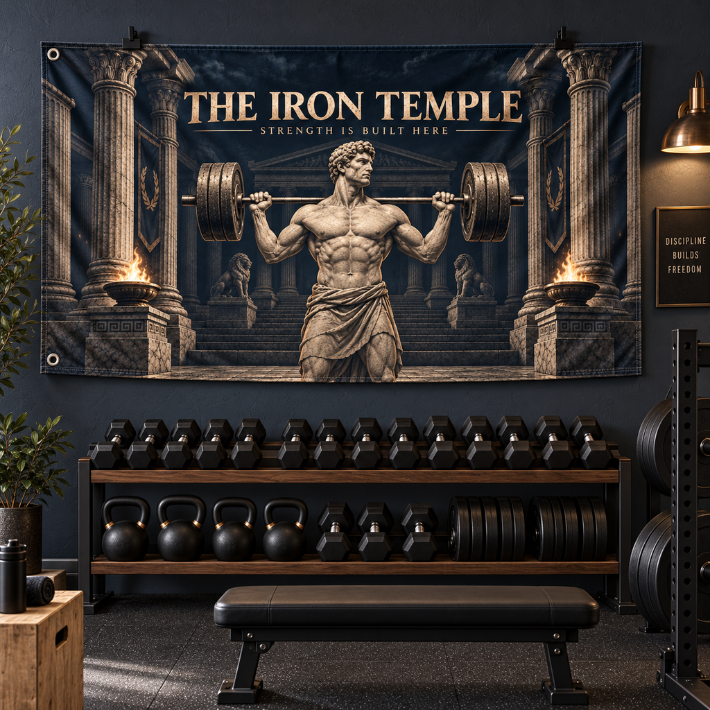 The Iron Temple Banner in a styled gym; illustrative mockup with two grommets along the left short edge. Display clips and props not included.