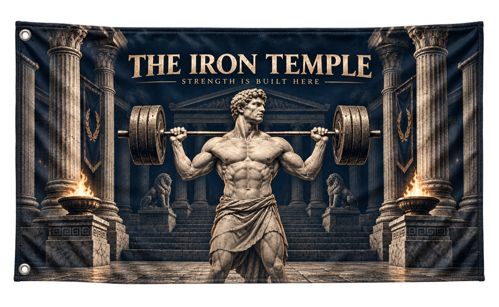 The Iron Temple Banner, isolated on a transparent background, with two grommets along the left short edge.