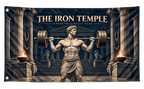 The Iron Temple Banner, isolated on a transparent background, with two grommets along the left short edge.