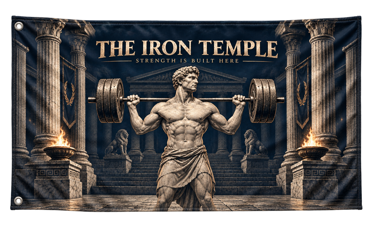 The Iron Temple Banner, isolated on a transparent background, with two grommets along the left short edge.