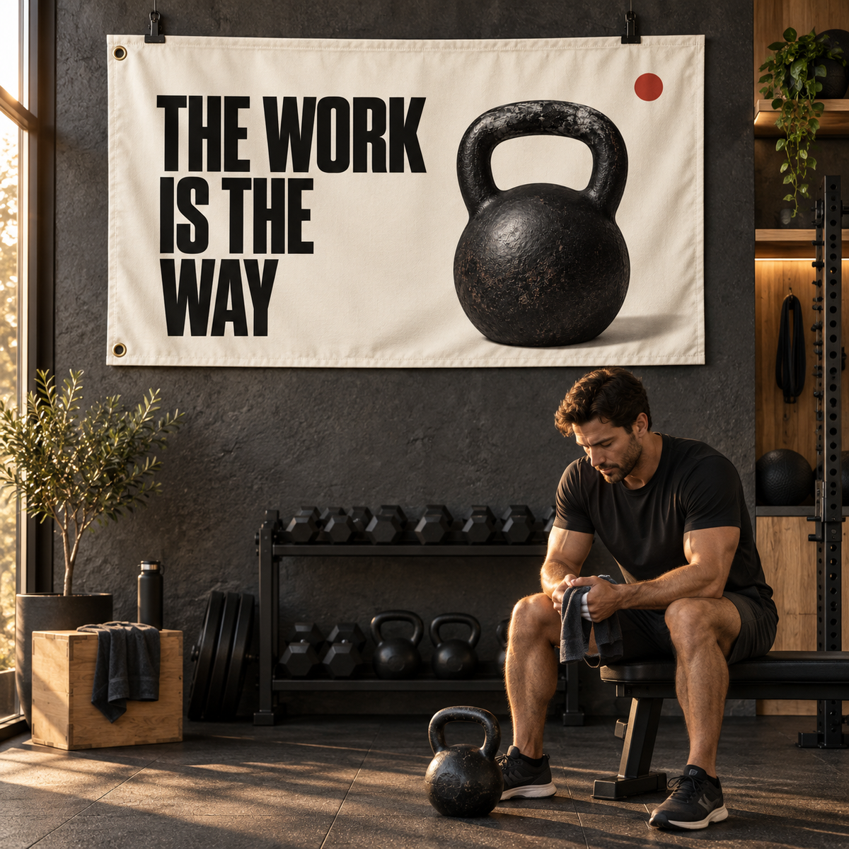The Work Is the Way Banner above an adult athlete resting with a kettlebell in a warm home gym; illustrative lifestyle mockup. Banner has two grommets along the left short edge. Display clips, exercise equipment and room props not included.