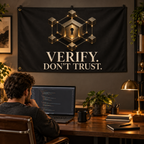 Verify. Don't Trust Banner in a styled lifestyle setting, with two grommets on one short edge; illustrative mockup.