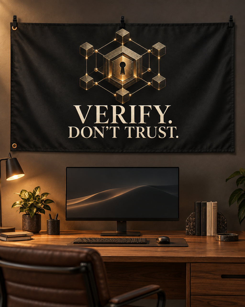 Verify. Don't Trust Banner displayed in a styled interior; illustrative mockup.