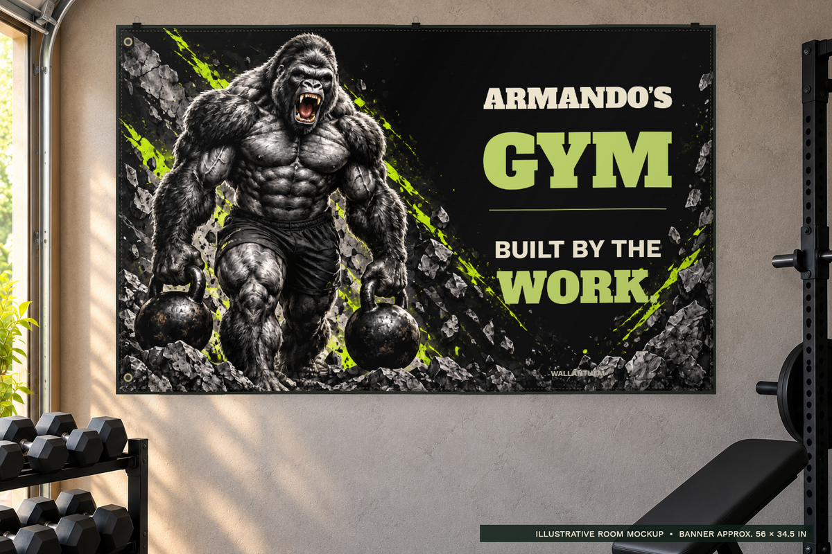 built by the work gorilla personalized fabric banner with heritage typography on a bright home gym wall; illustrative lifestyle mockup; sample name ARMANDO