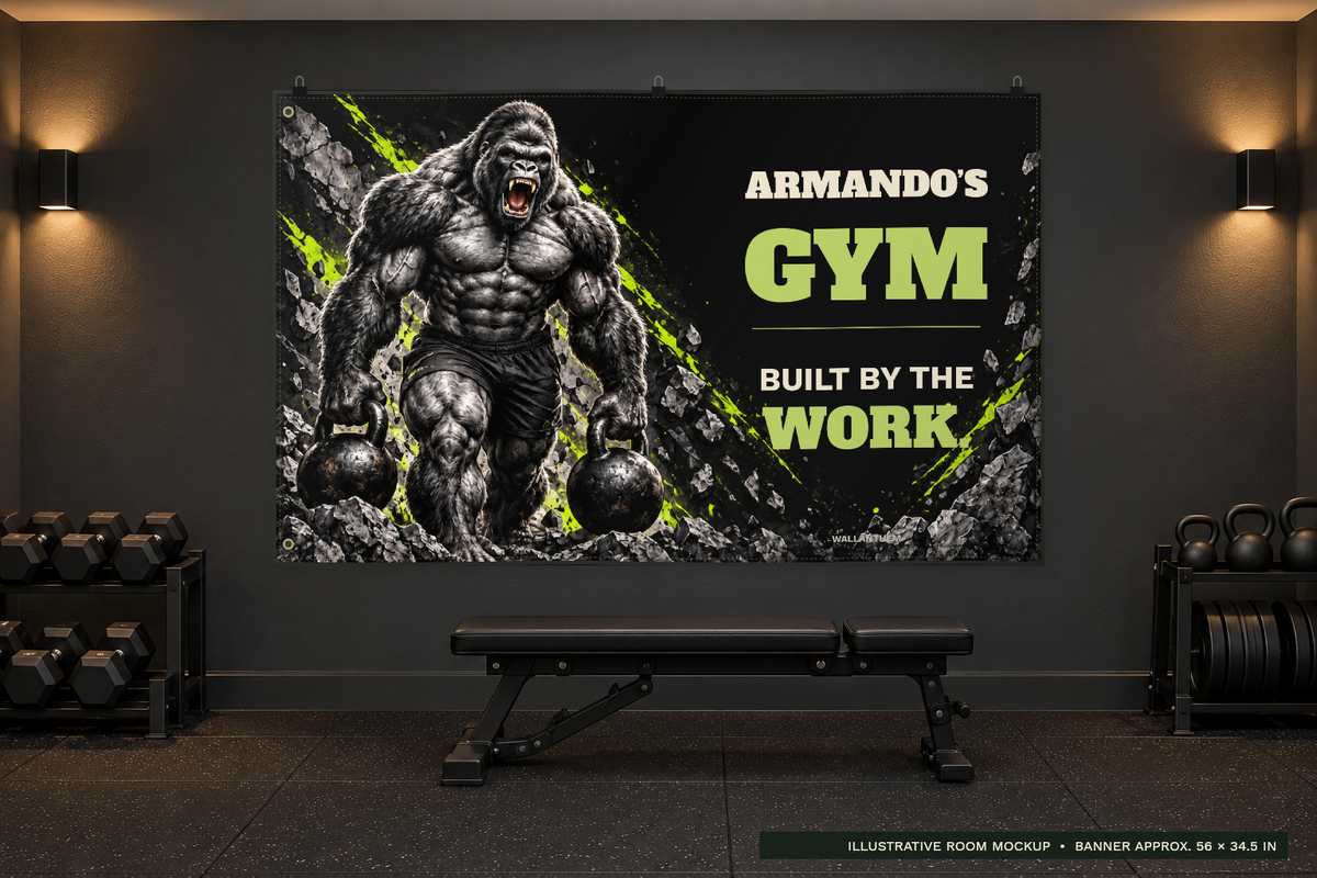 built by the work gorilla personalized fabric banner with heritage typography above a bench in a dark home gym; illustrative lifestyle mockup; sample name ARMANDO