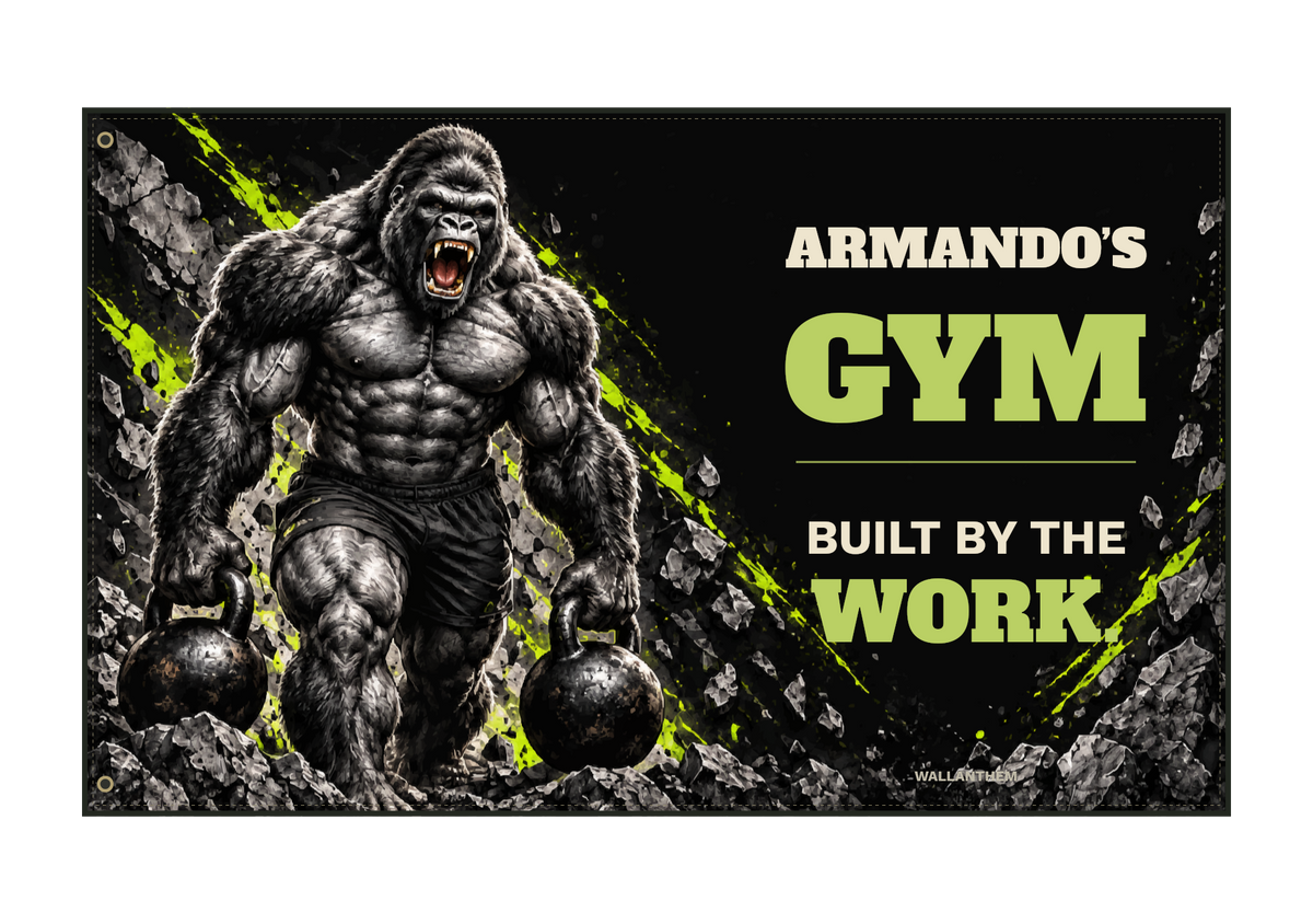 built by the work gorilla personalized fabric banner product view with heritage typography and two left-edge grommets; sample name ARMANDO