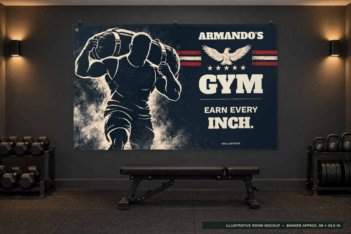 earn every inch personalized fabric banner with heritage typography above a bench in a dark home gym; illustrative lifestyle mockup; sample name ARMANDO