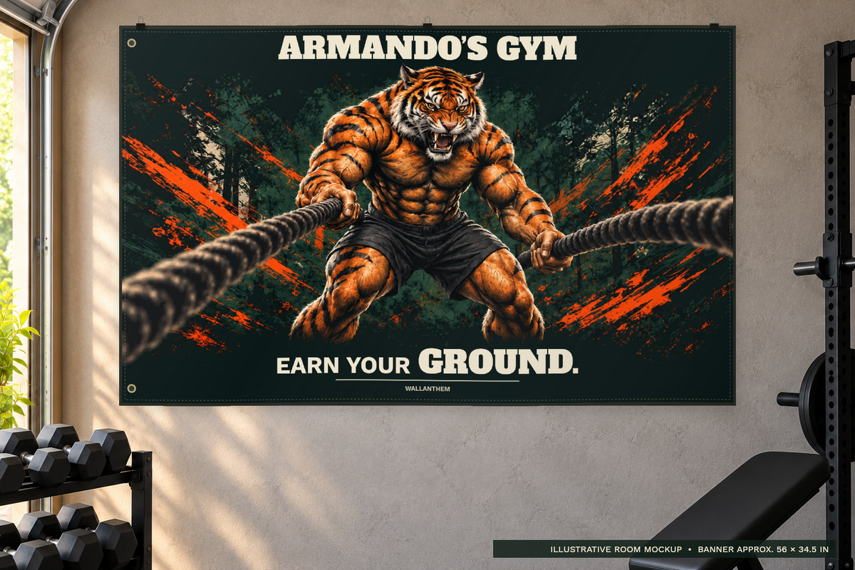 earn your ground tiger personalized fabric banner with heritage typography on a bright home gym wall; illustrative lifestyle mockup; sample name ARMANDO