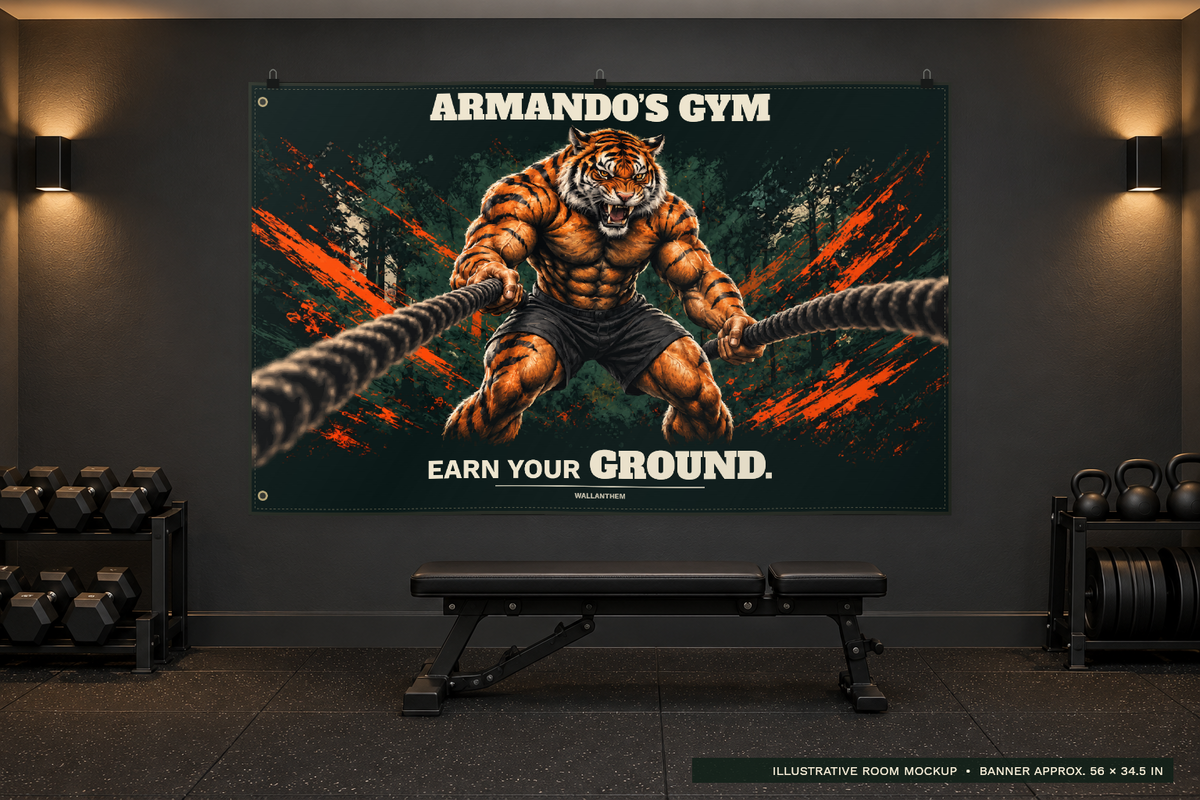 earn your ground tiger personalized fabric banner with heritage typography above a bench in a dark home gym; illustrative lifestyle mockup; sample name ARMANDO
