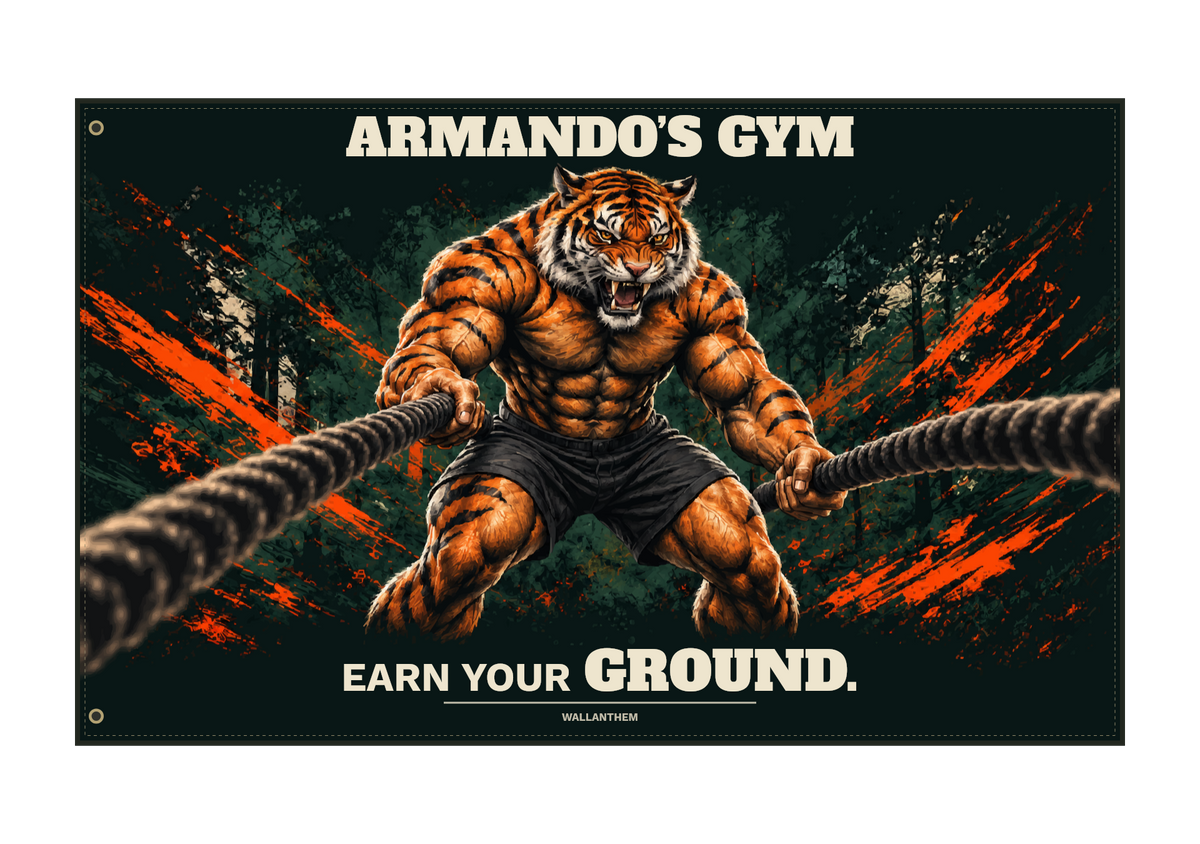 earn your ground tiger personalized fabric banner product view with heritage typography and two left-edge grommets; sample name ARMANDO