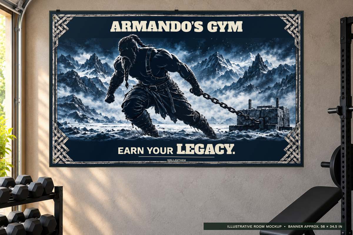 earn your legacy viking personalized fabric banner with heritage typography on a bright home gym wall; illustrative lifestyle mockup; sample name ARMANDO