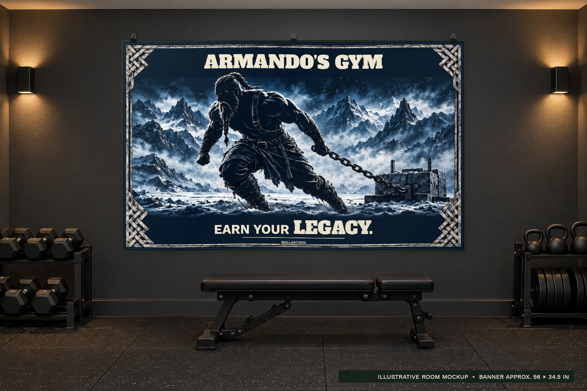 earn your legacy viking personalized fabric banner with heritage typography above a bench in a dark home gym; illustrative lifestyle mockup; sample name ARMANDO
