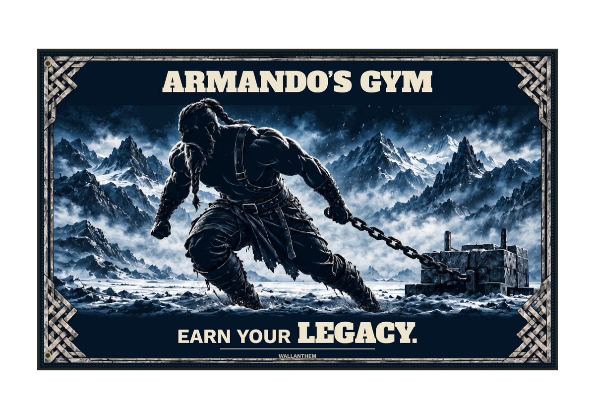 earn your legacy viking personalized fabric banner product view with heritage typography and two left-edge grommets; sample name ARMANDO