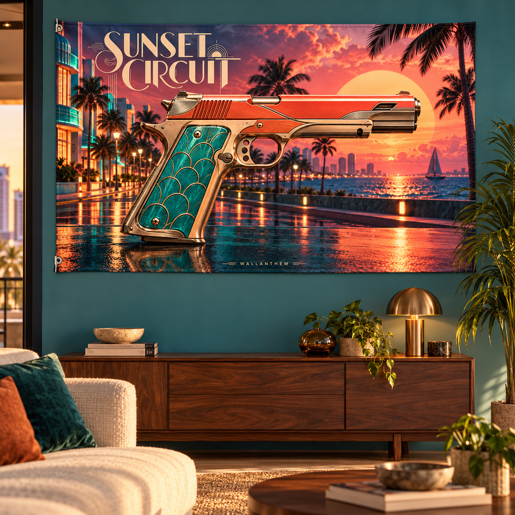 Sunset Circuit Banner — lifestyle room mockup