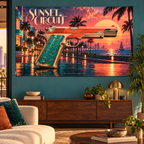 Sunset Circuit Banner — lifestyle room mockup