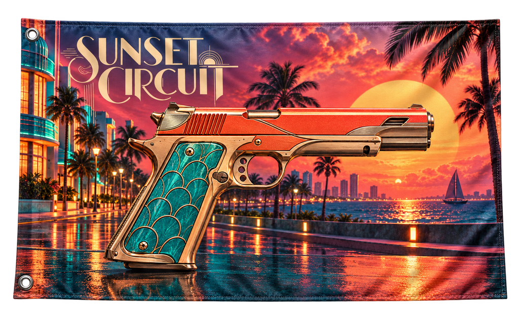 Sunset Circuit Banner — isolated fabric banner, transparent background