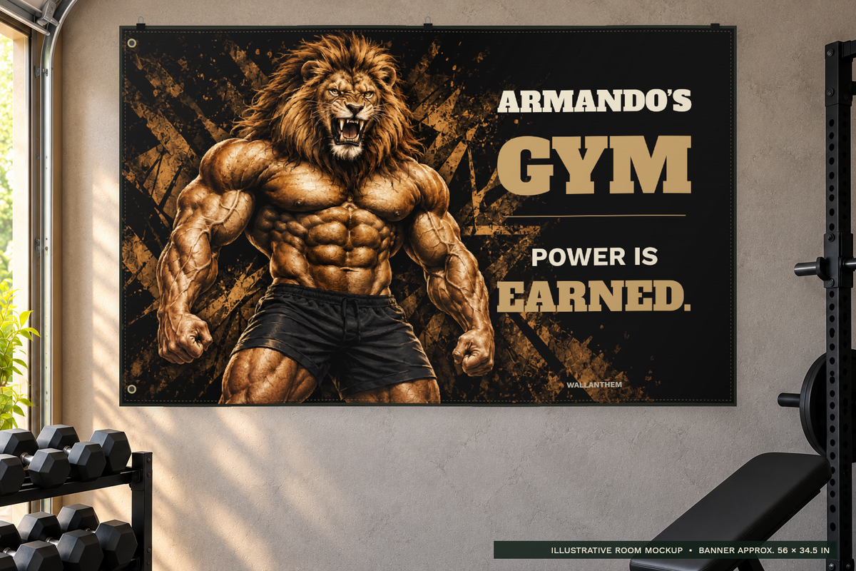 Iron Resolve lion personalized fabric banner on a bright home gym wall; illustrative lifestyle mockup