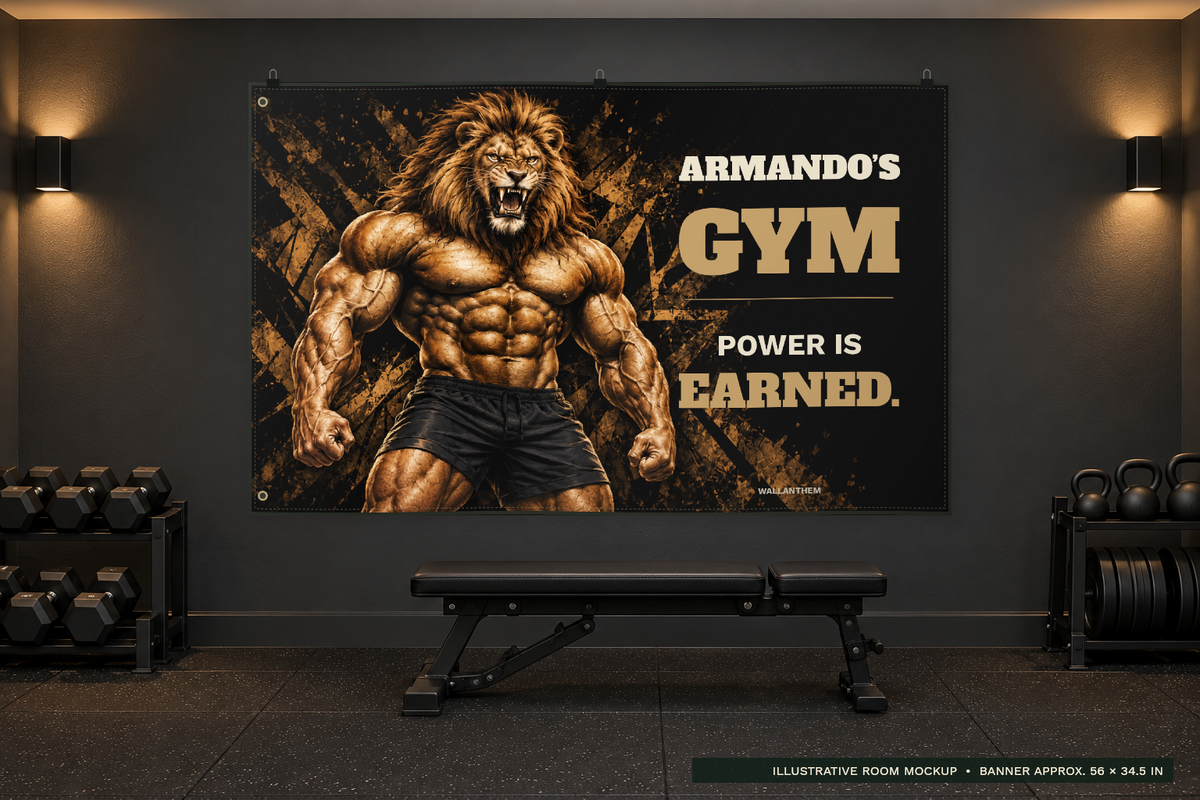 Iron Resolve lion personalized fabric banner above a bench in a dark home gym; illustrative lifestyle mockup