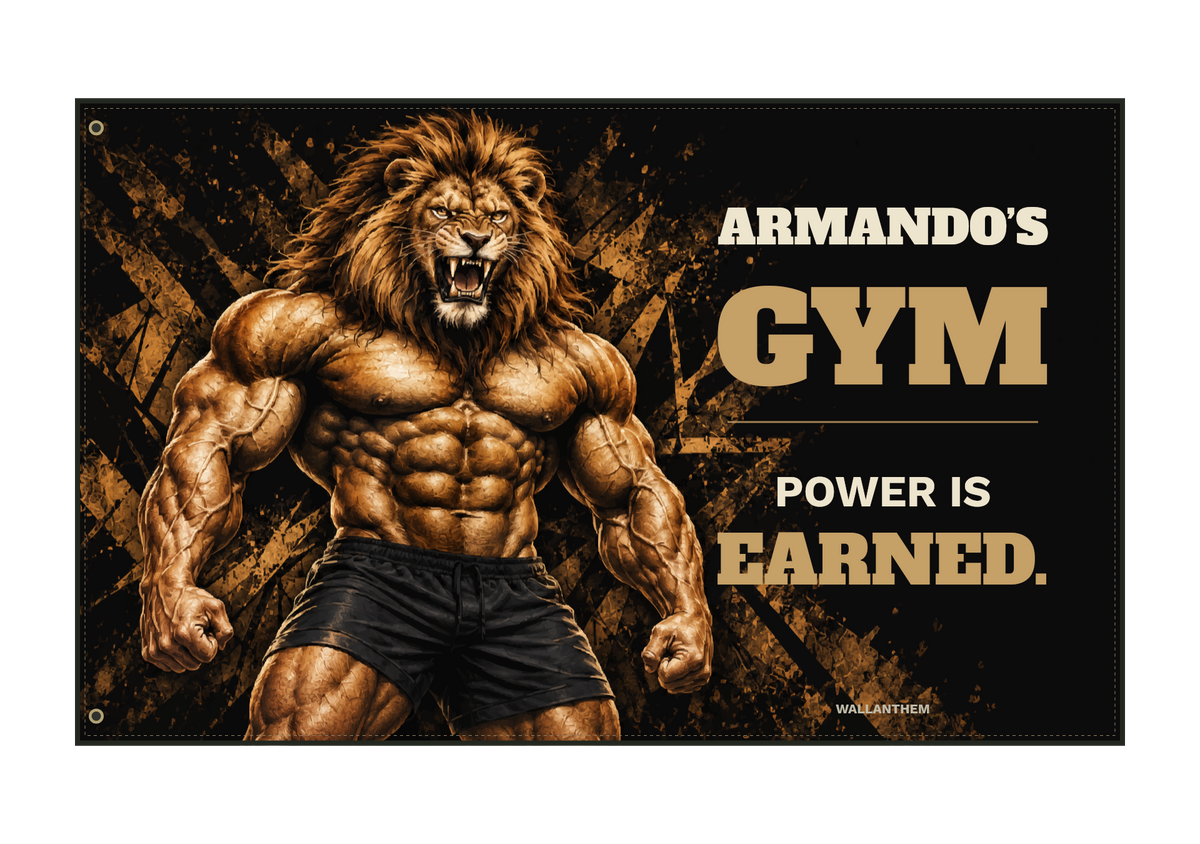 Iron Resolve lion personalized fabric banner product view with two left-edge grommets; sample name shown
