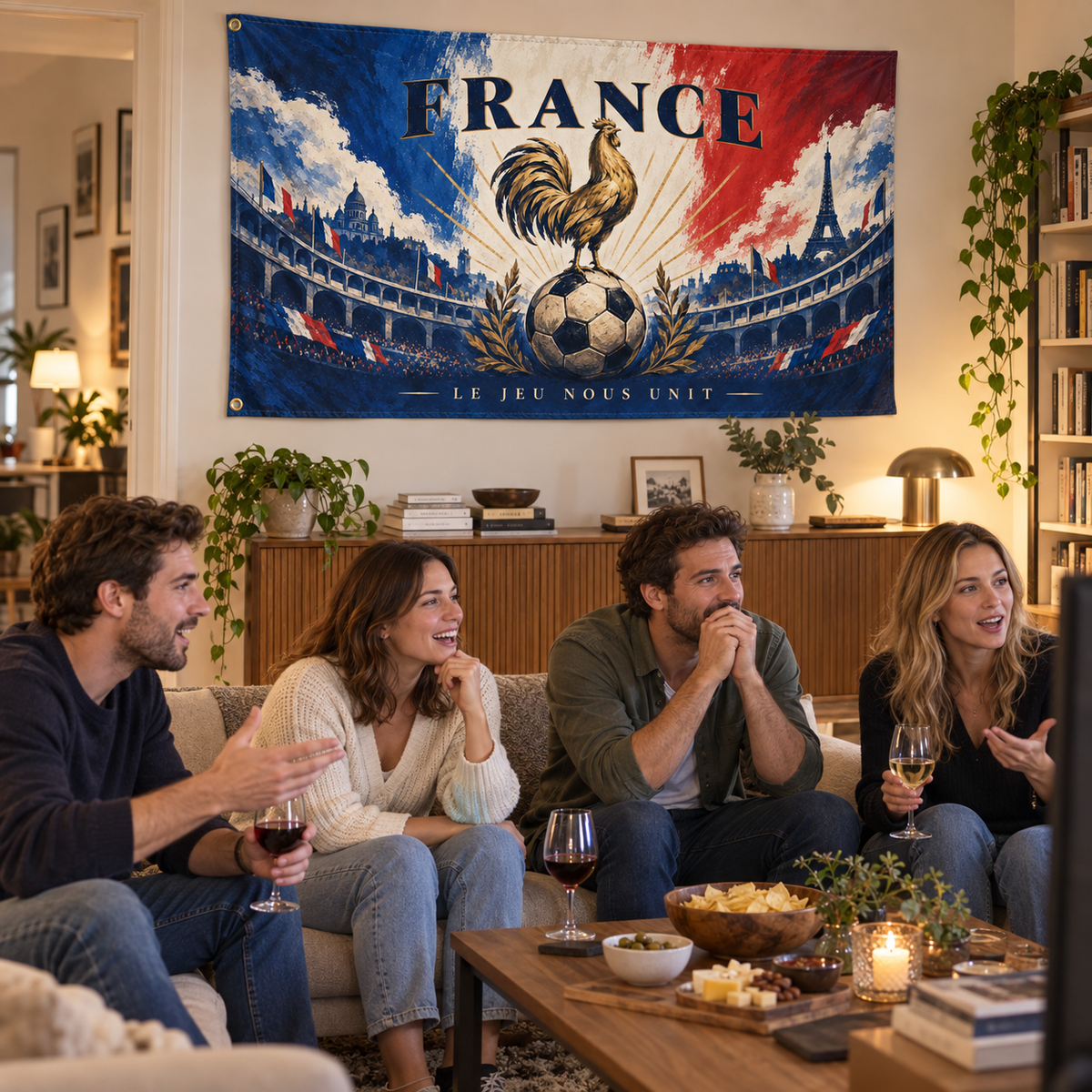 France Le Jeu Nous Unit banner in a home football watch-party scene