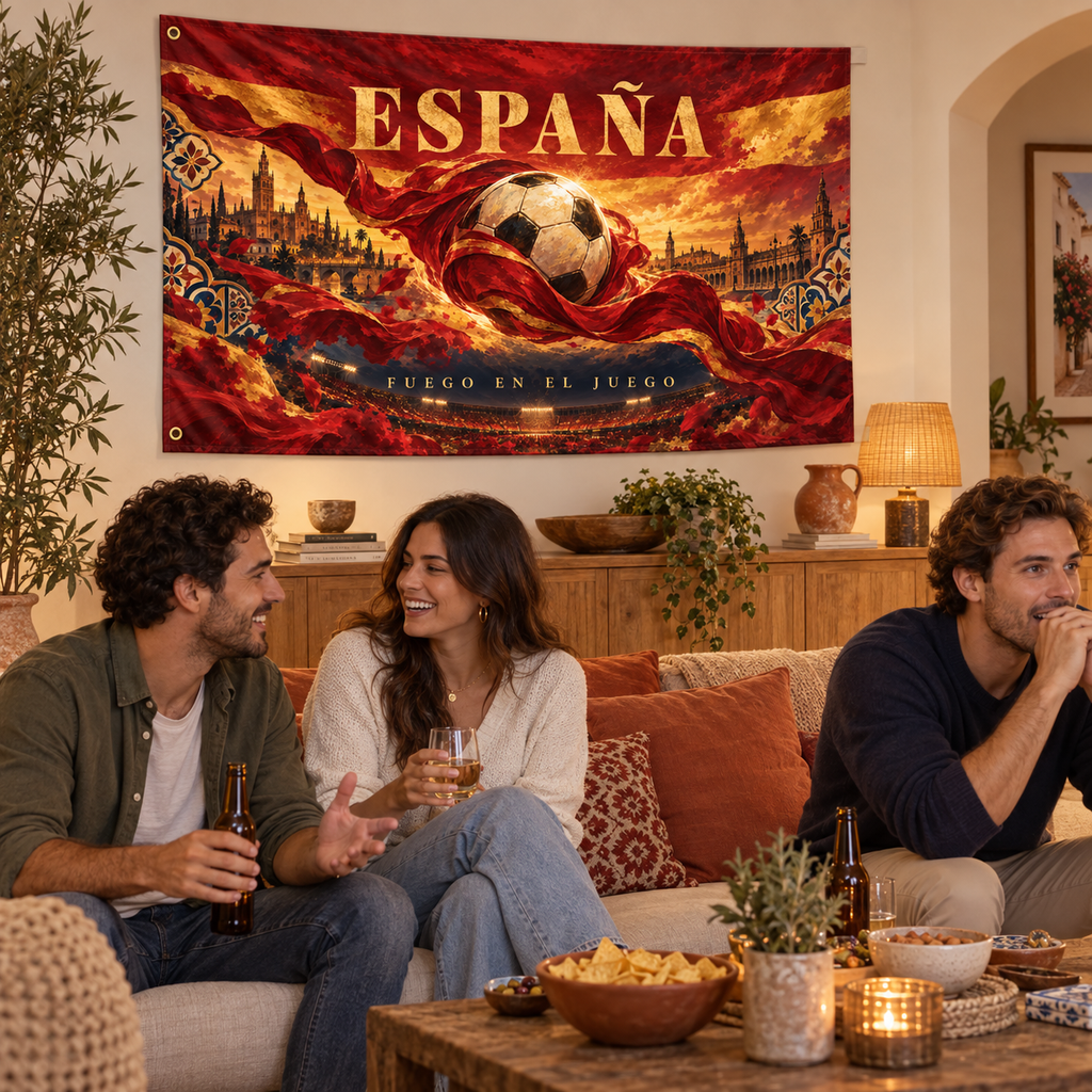 Spain Fuego en el Juego banner in a home football watch-party scene
