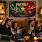 Portugal Alma de Campeão banner in a home football watch-party scene