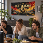 Germany Kraft des Spiels banner in a home football watch-party scene
