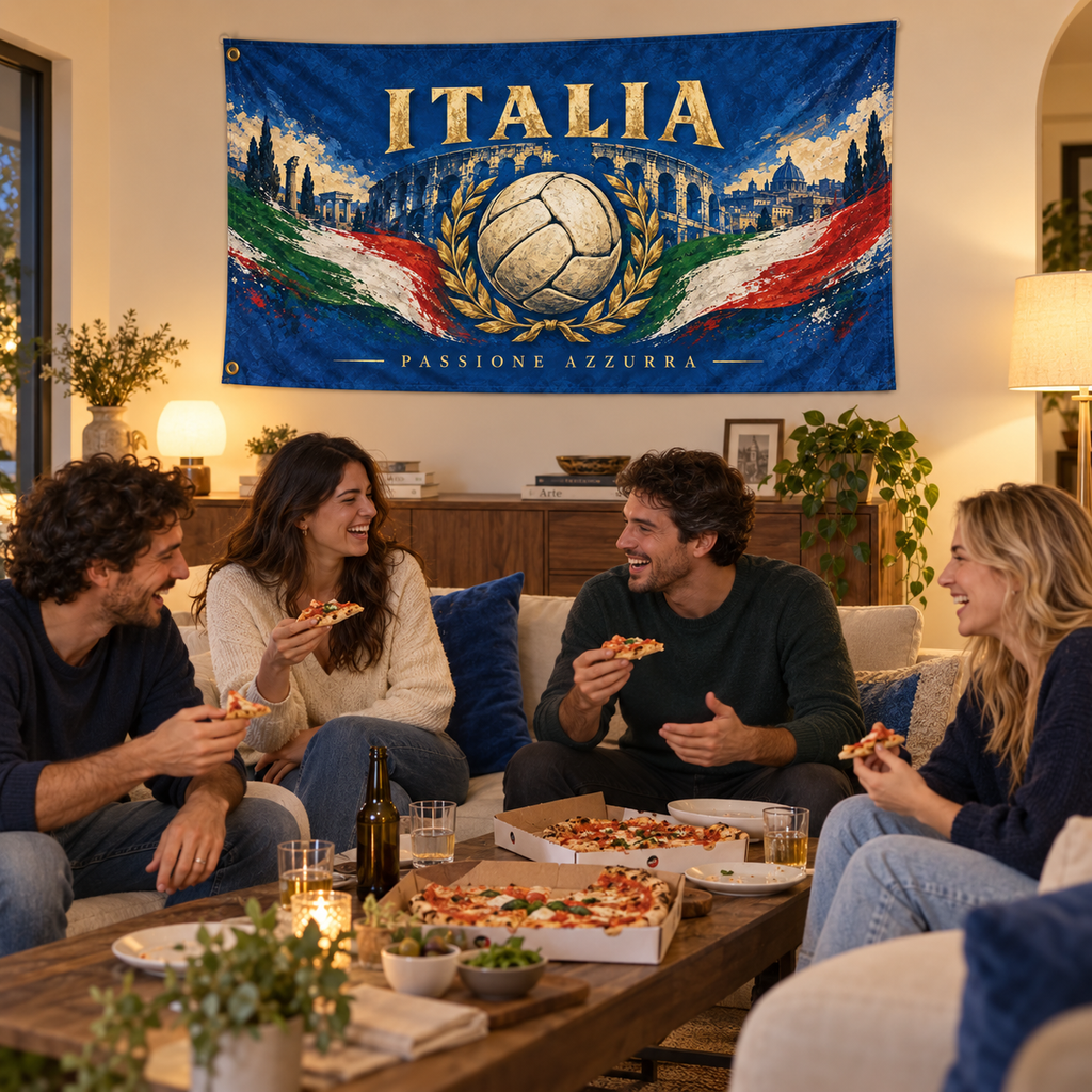 Italy Passione Azzurra banner in a home football watch-party scene
