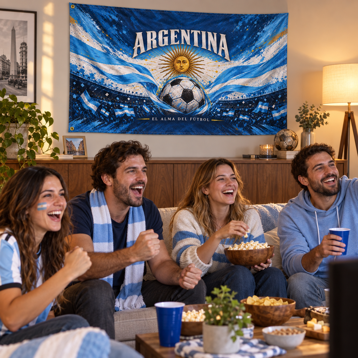 Illustrative lifestyle mockup: Argentina banner at a home watch party