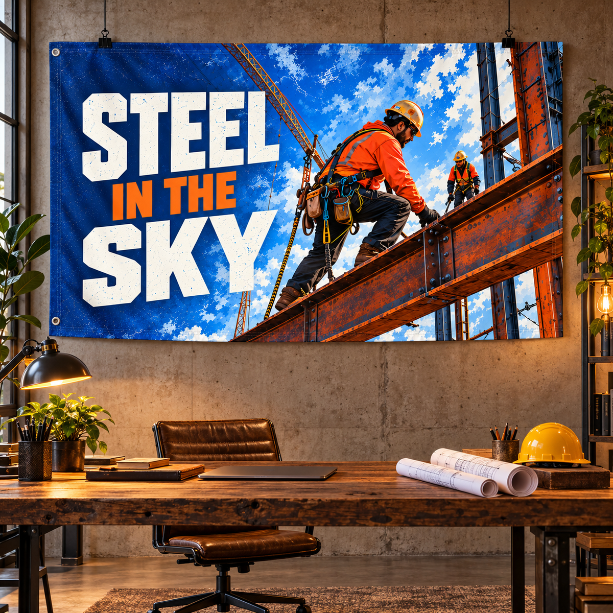 Steel in the Sky Banner displayed in a furnished interior; illustrative mockup. Display clips and props not included.