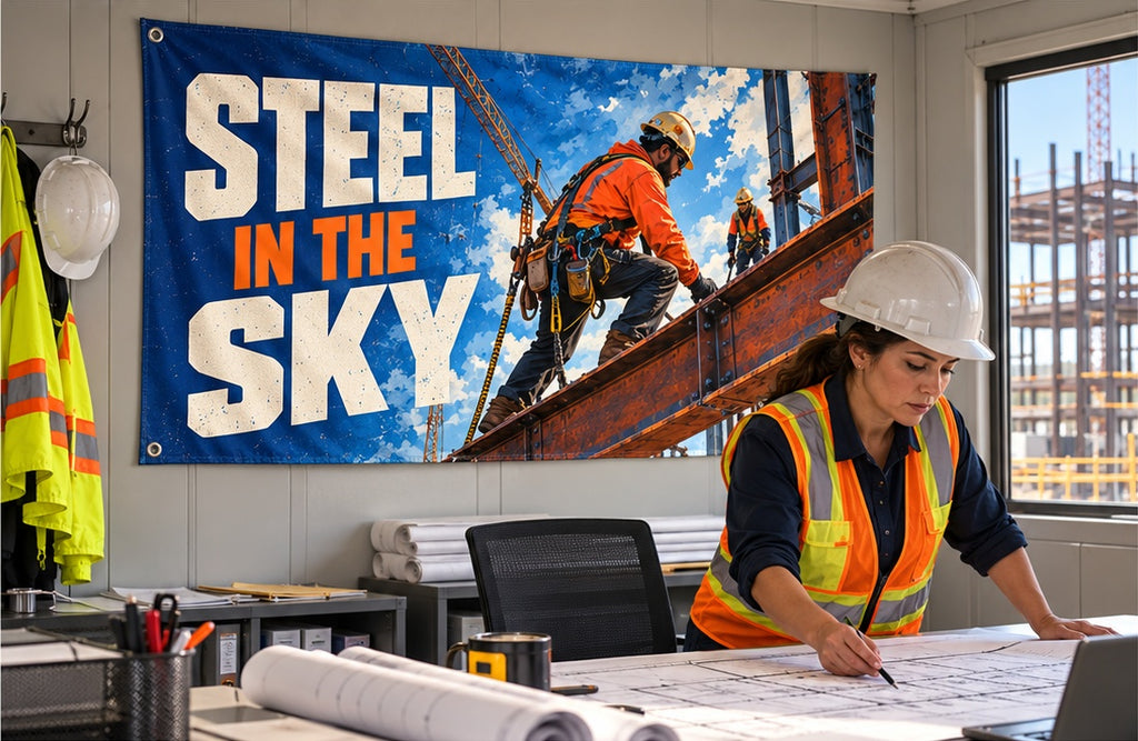 Steel in the Sky fabric banner displayed in its room setting