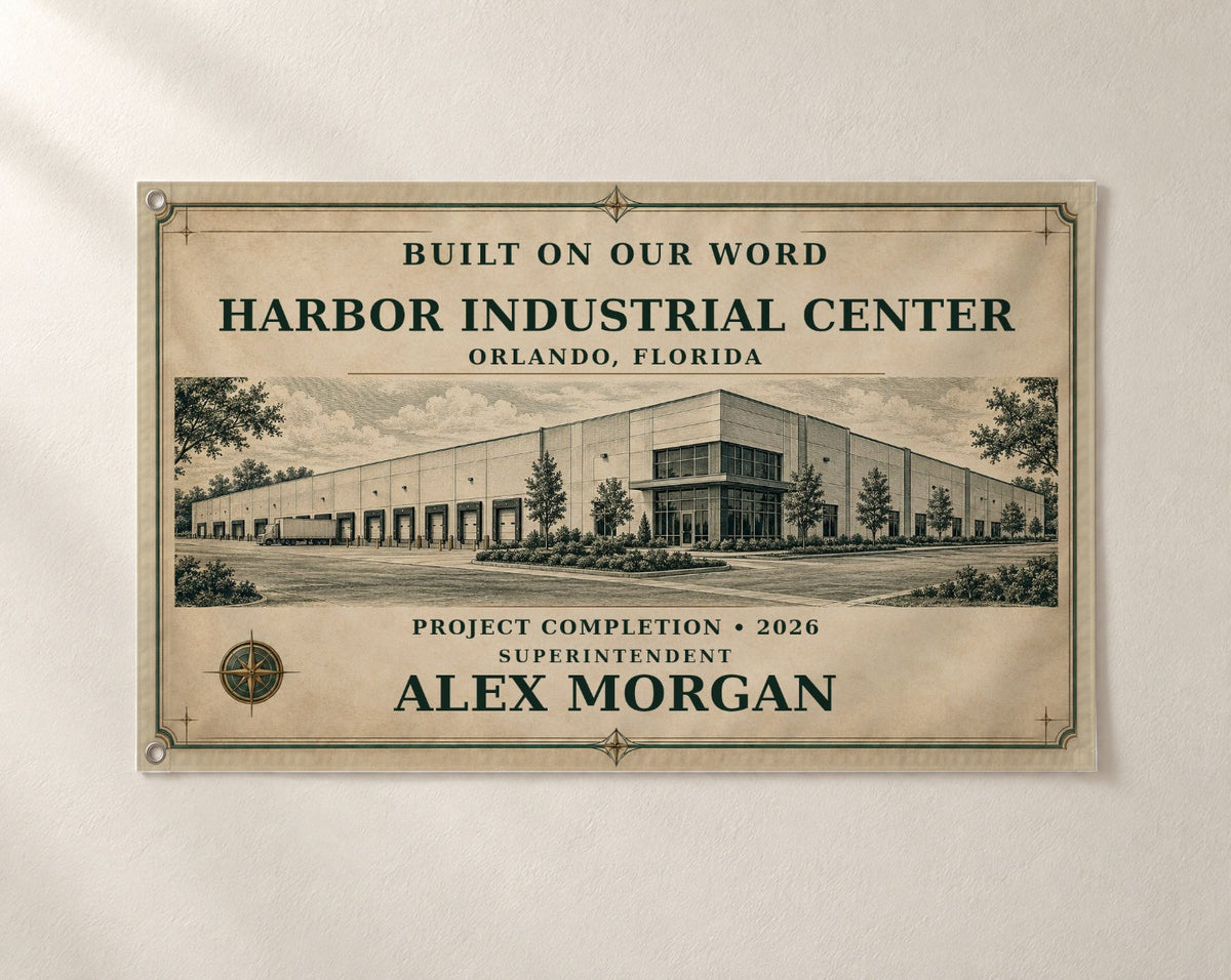 Built on Our Word personalized fabric banner with fictional sample project details and two left-edge grommets