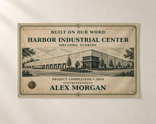 Built on Our Word personalized fabric banner with fictional sample project details and two left-edge grommets