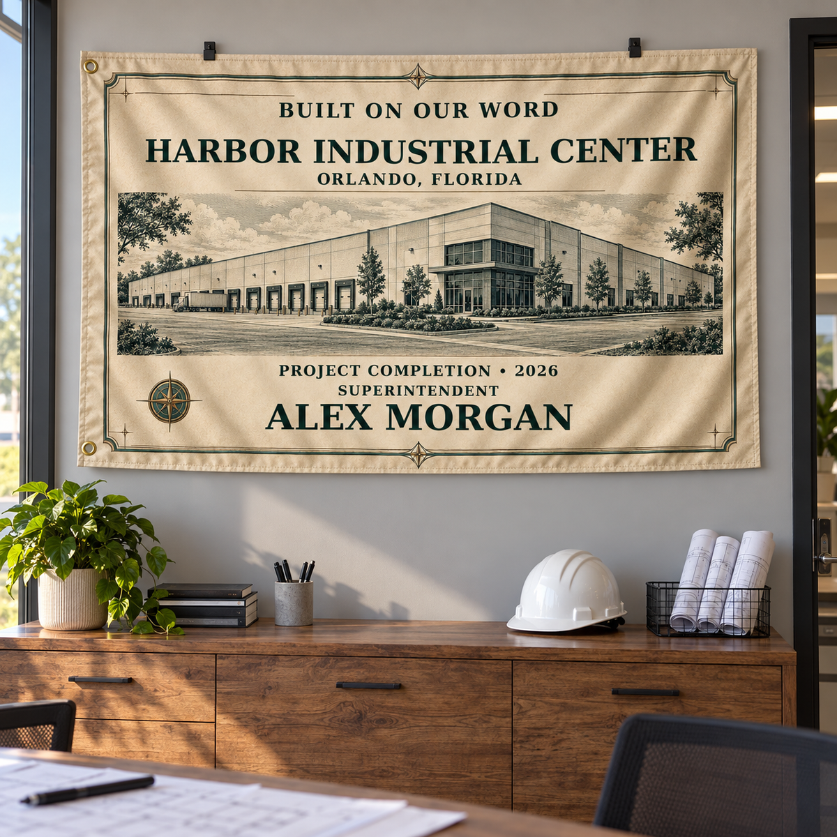 Built on Our Word personalized project tribute banner in a construction office. Fictional sample details; styled room and display hardware are illustrative.