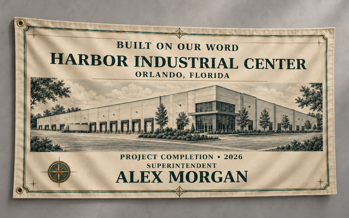 Personalized Built on Our Word fabric banner with exactly two grommets on the left short edge