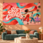 Soft Chaos Banner displayed in a furnished interior; illustrative mockup. Display clips and props not included.