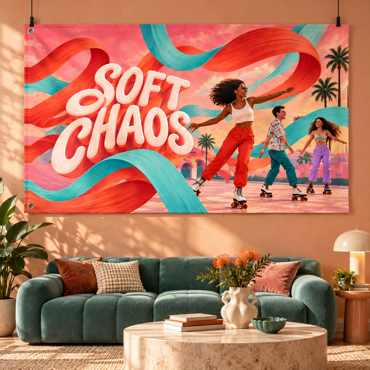 Soft Chaos Banner displayed in a furnished interior; illustrative mockup. Display clips and props not included.