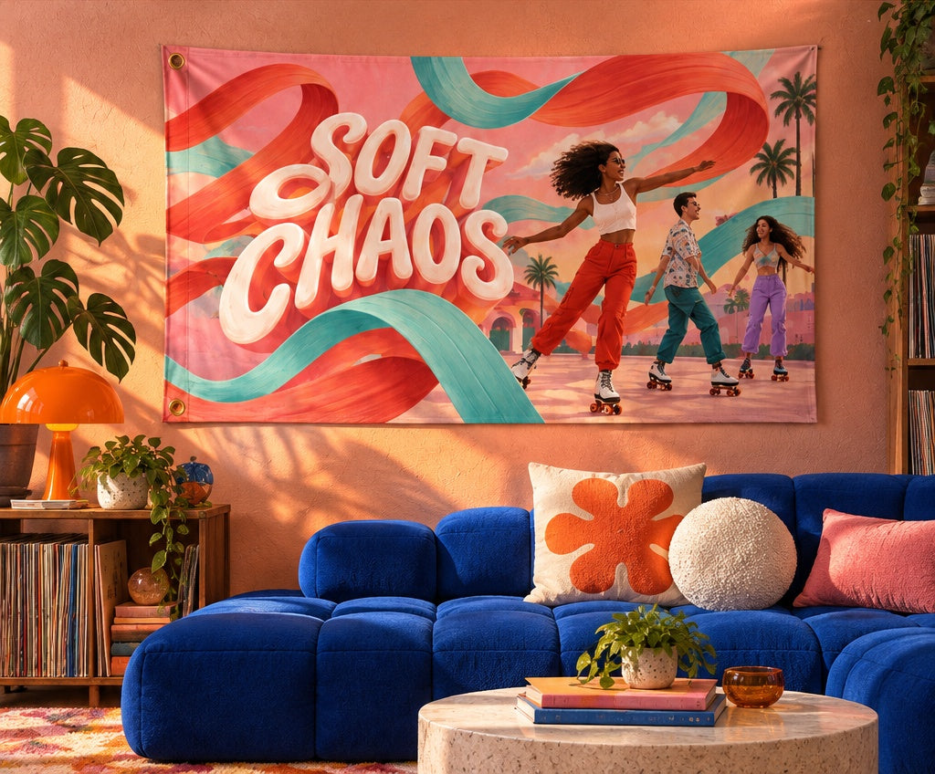 Soft Chaos fabric banner displayed in its room setting