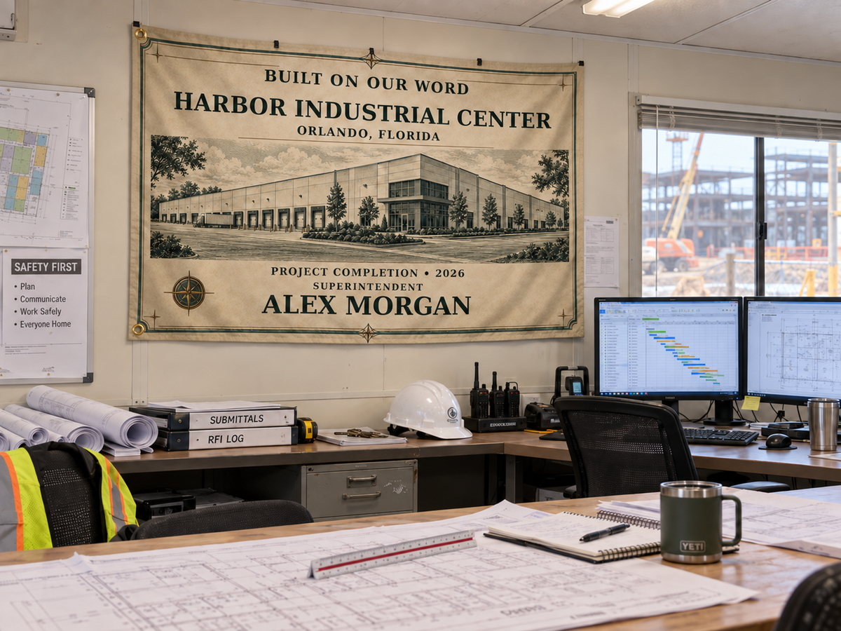 Personalized project tribute banner in a construction trailer with two left-edge grommets