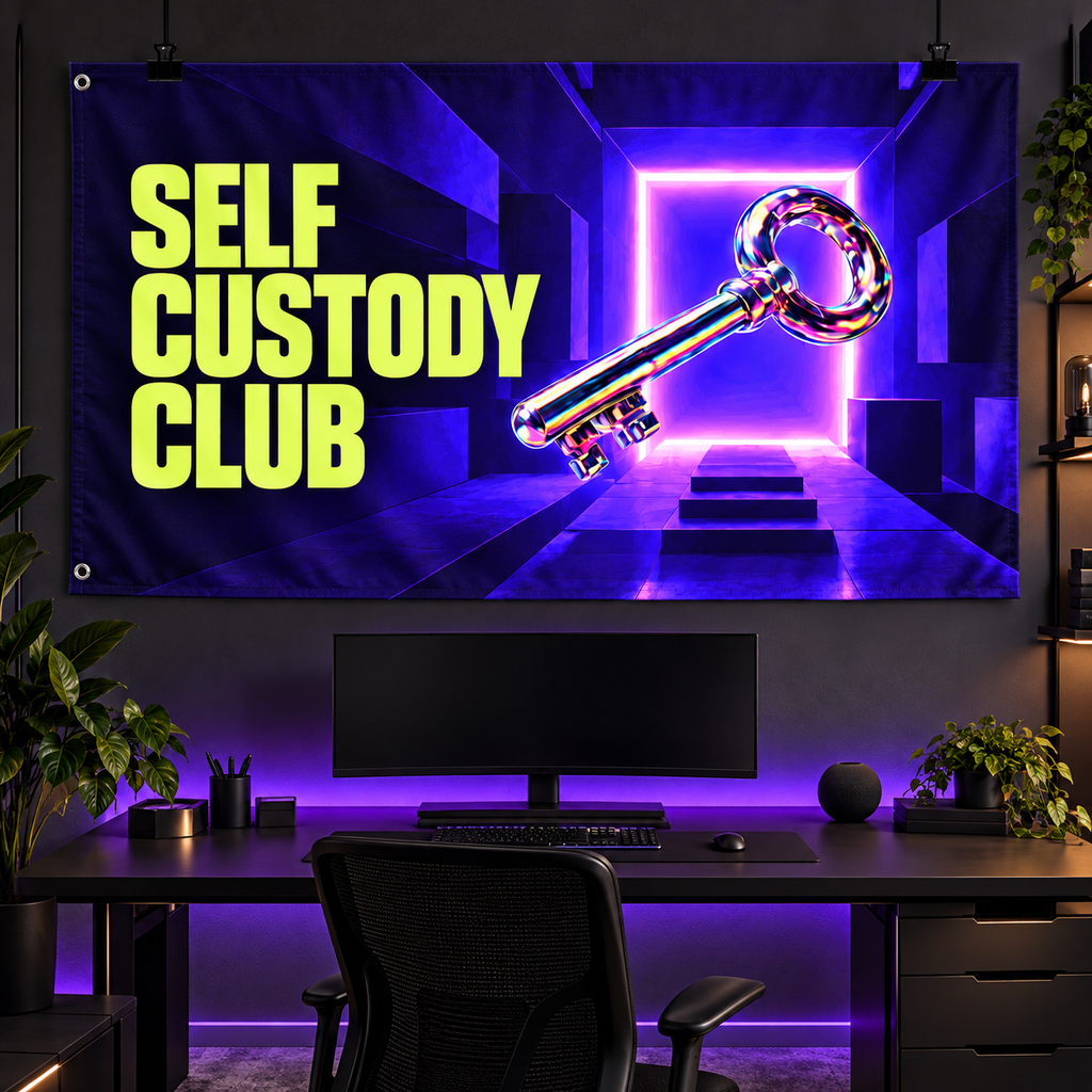 Self Custody Club Banner displayed in a furnished interior; illustrative mockup. Display clips and props not included.