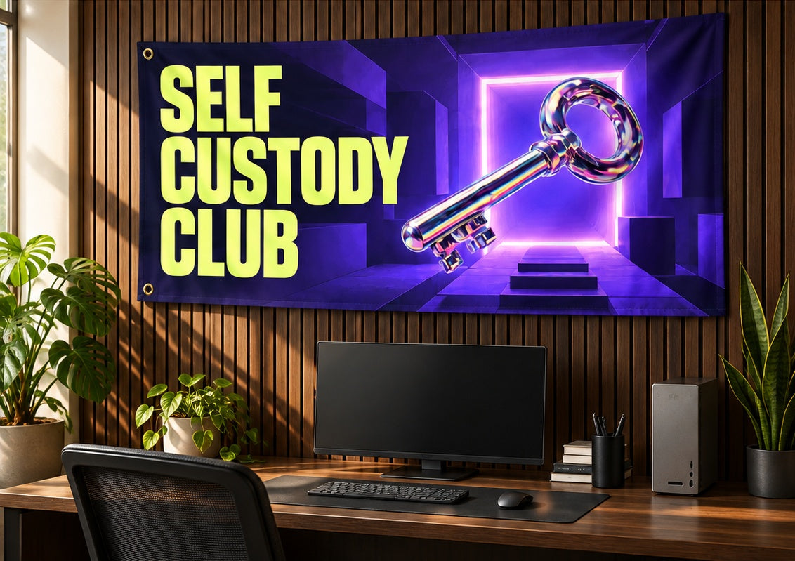 Self Custody Club fabric banner displayed in its room setting