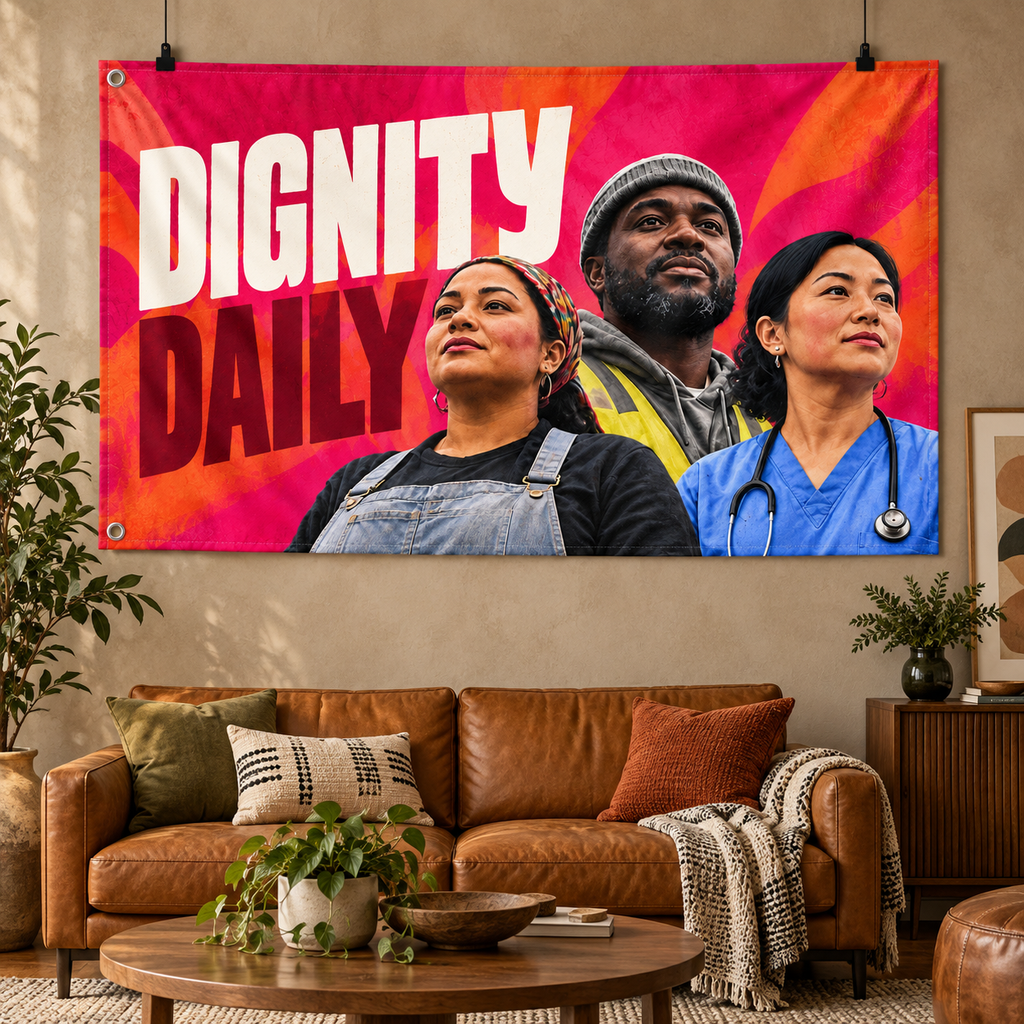 Dignity Daily Banner displayed in a furnished interior; illustrative mockup. Display clips and props not included.