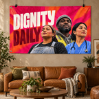 Dignity Daily Banner displayed in a furnished interior; illustrative mockup. Display clips and props not included.