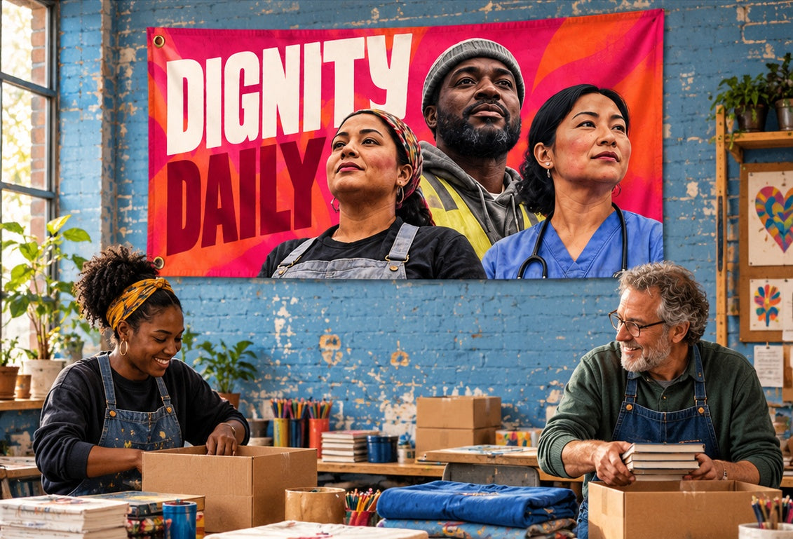 Dignity Daily fabric banner displayed in its room setting