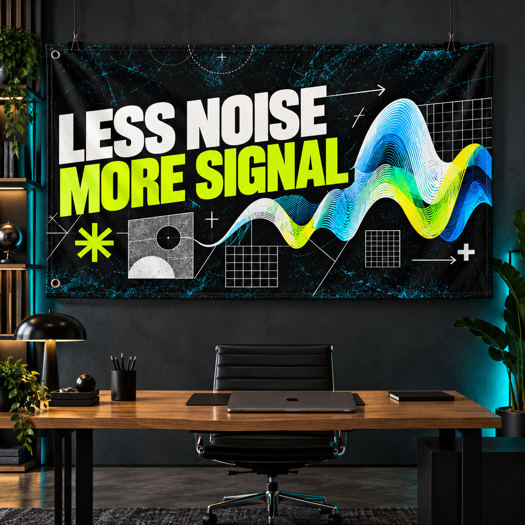 Less Noise More Signal Banner displayed in a furnished interior; illustrative mockup. Display clips and props not included.