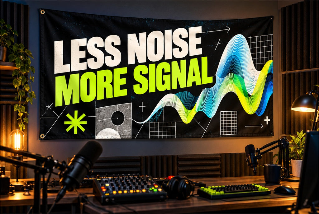 Less Noise More Signal fabric banner displayed in its room setting